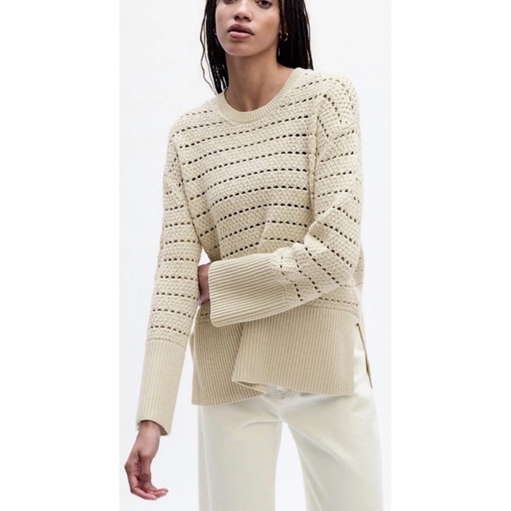 GAP 24/7 Crochet Cotton Split Hem Sweater Beige Cream XS Chunky Boxy Coastal